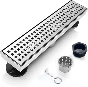 12 Inch Removable Cover Linear Shower Drain 304 Stainless Steel Rectangular Floor Drain for Kitchen Bathroom Square Hole  Drain with Accessories Hair Strainer Adjustable Leveling  ()