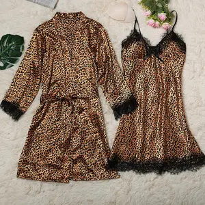 Women's Pajamas Four-piece Set Lace Simulation Silk Leopard Long Sleeve Nightwear Loungewear Homewear Pjs Womenswear Elegant