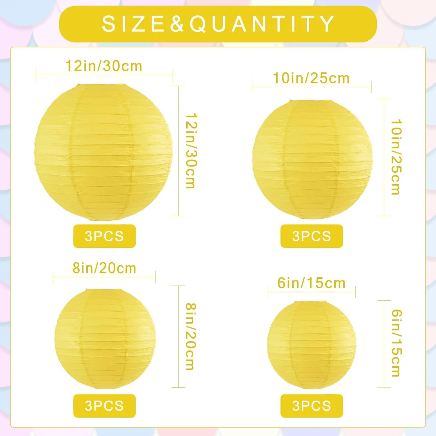 12-Piece Classic Round Yellow Paper Lanterns, Assorted Sizes (6in, 8in, 10in, 12in) - Hanging Decor for Wedding Party, Birthday Event, Home & Restaurant Use, Chinese Japanese Hanging Lamps