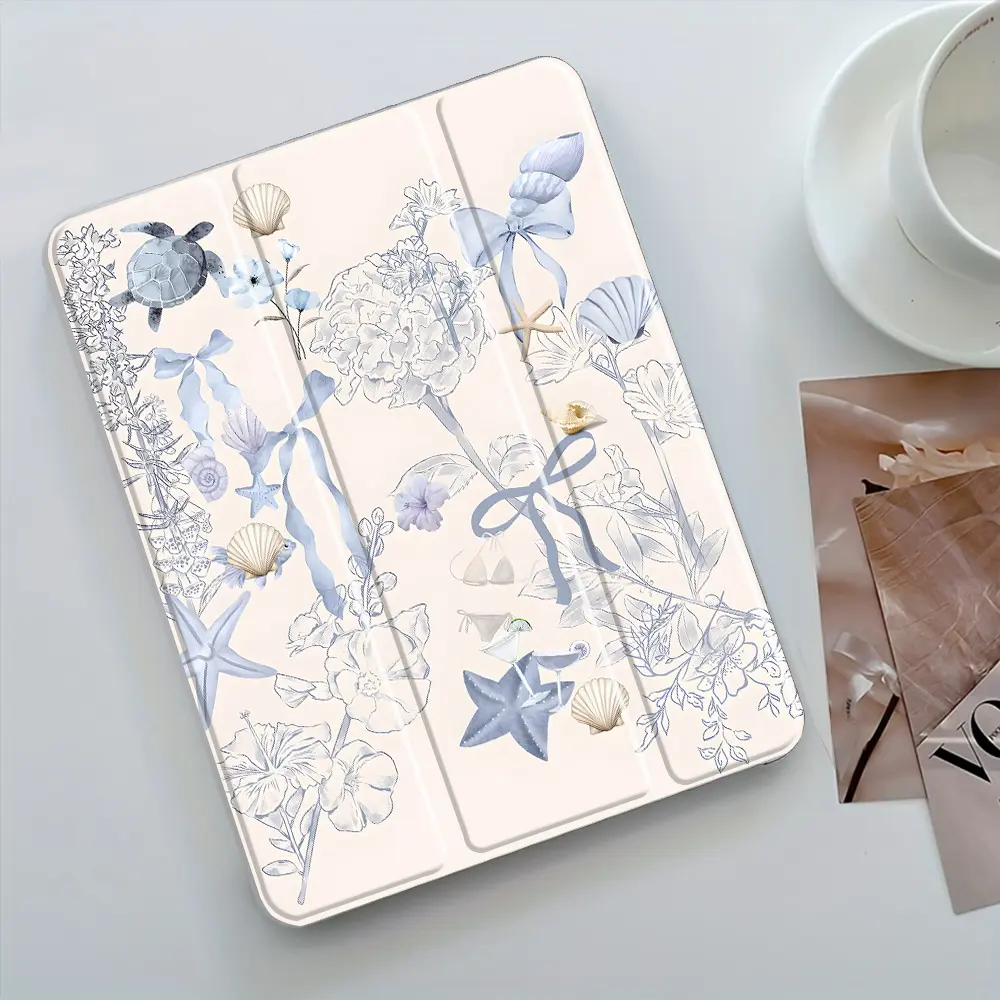 Coastal Turtle Shell Pattern Vintage Aesthetic Tablet Case - Accessories with Pencil Holder, Auto Wake/Sleep Protection, Casing Compatible with iPad 10th/11th/9th, Mini, Air 4th, 8/7/6/5th, Pro - Summer Birthday Gifts for Women Men