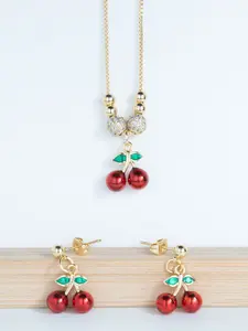 Gold-plated Cherry Set, 20-inch Chain, Pendant, & a Pair Of Earrings.