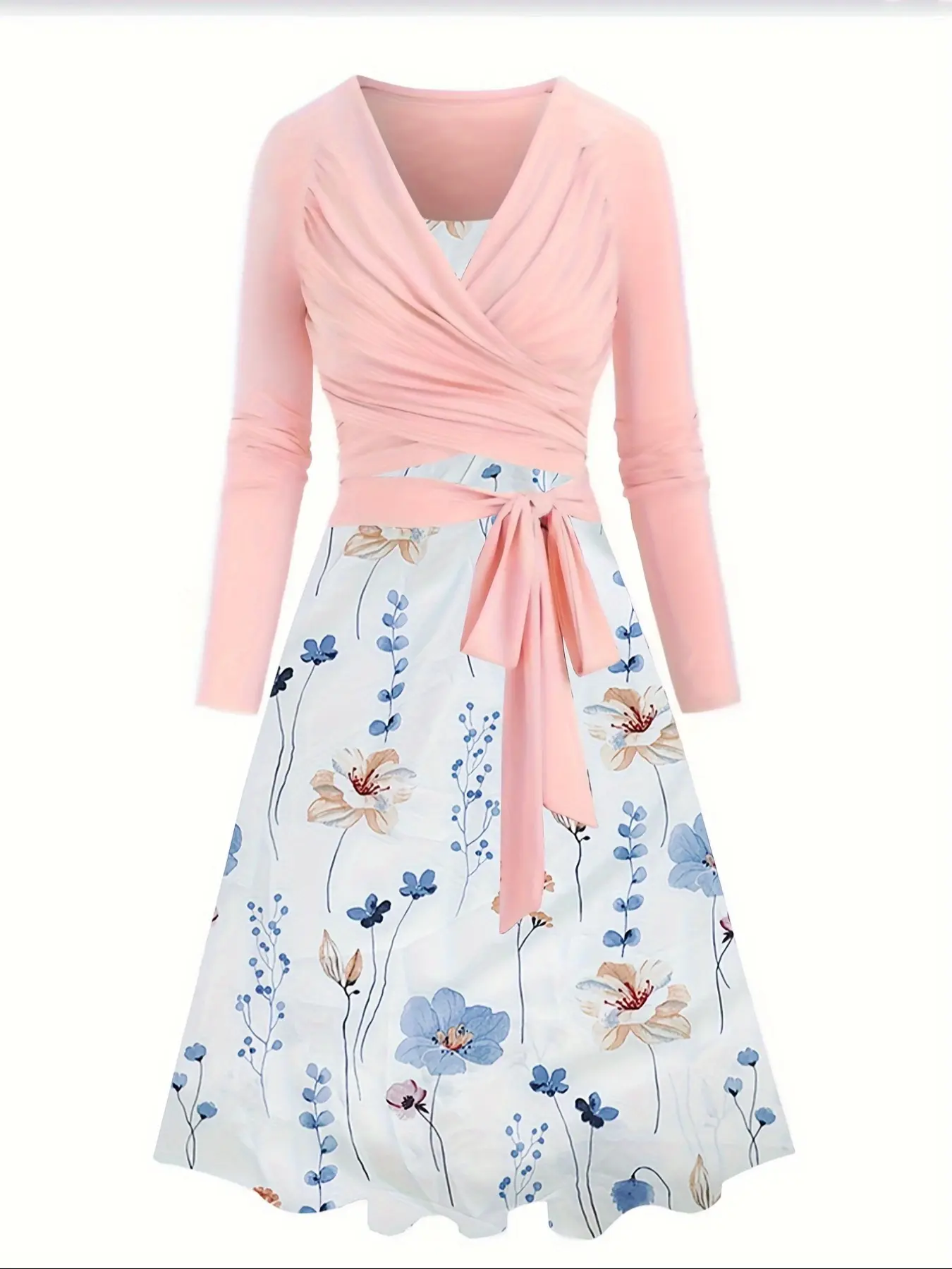 Elegant Simple Chic Two-Piece Dress Set, Fashion Solid Color Long Sleeve Top and Floral Print Shoulder Strap Dress Combo, Stylish Women's Slim