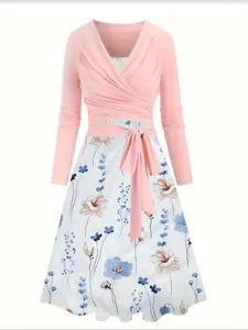 Elegant Chic Simple Slim Fit Two-Piece Dress Set, Fashion Solid Color Top and Floral Print Shoulder Strap Dress Combo, Stylish Women's Outfit