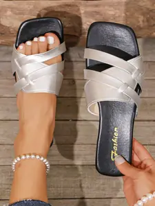 Women's Fashionable Braided Detail Double Band Flat Sandals, Casual Comfortable Slingback Sandals for Summer, Lightweight Breathable Shoes for Daily Wear, Girl