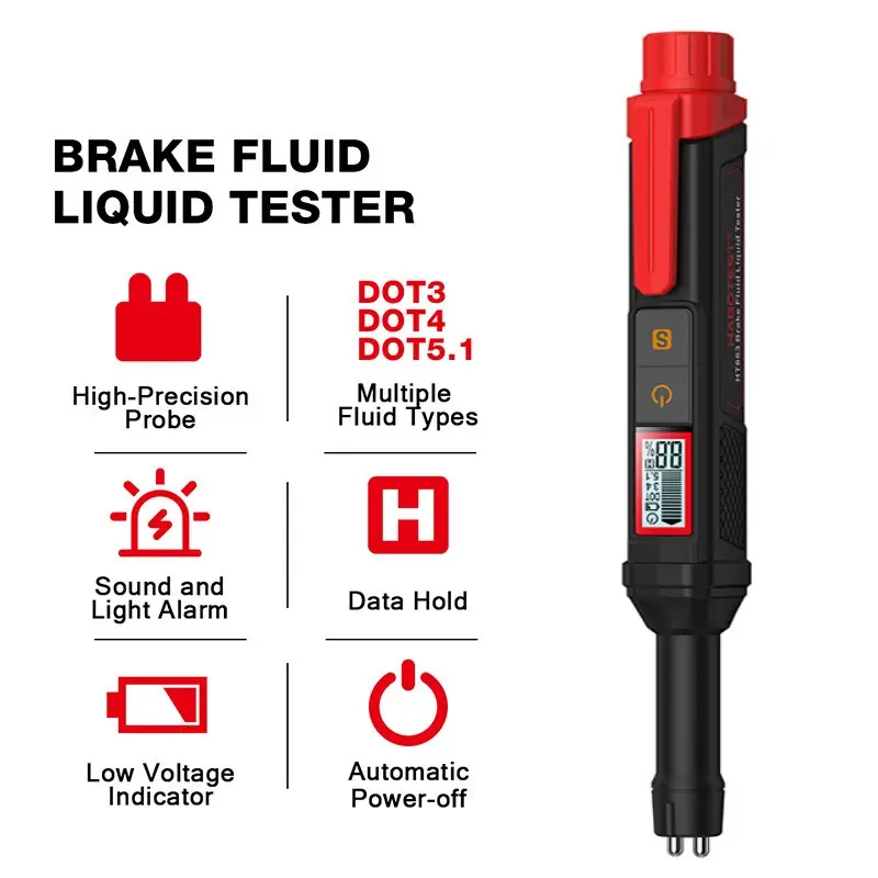 Brake Fluid Tester Pen with Corrosion-Resistant Probe, High-Precision Moisture Detection, Data Hold & Buzzer Alarm, Tri-Color Backlight for Car & Automotive Maintenance