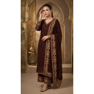 Women's Andaaz Costumes - 3-PC Chiffon Dupatta Set with Embroidery, Matching Shirt & Trouser
