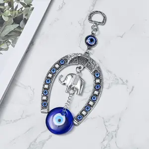 Horseshoe Pendant with Evil Eye — Turkish & Greek-Style Blue Eye Ornament — Metal Hanging Decoration (Medium Size) — Car Accessory