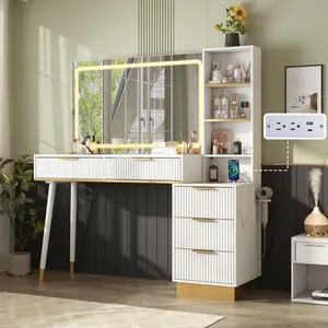 AMERLIFE 54" Tall Makeup Vanity, Vanity Desk Table with 35"W x 24"H Mirror, 5 Drawers, 3 Shelves & Charging Station, Glass Top, Modern Minimal Aesthetic Design for Home Storage/Interior Bedroom Furniture/Best Gift Ideas/Christmas Gifts