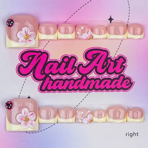 Y2K Style Glossy False Nails, Fake Nails, Handmade Press-On Nails, 4 Sizes XS-S-M-L, Floral & Ladybug Design, Perfect for Parties & Gifts, Handmade Press Ons