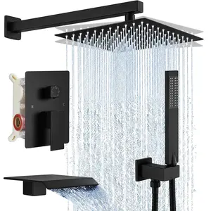Senlesen Matte Black Shower Faucet Set with Tub Spout Bathroom 12 Inch Rainfall Shower Head and Handheld Spray Shower System with Mixer Valve Kit