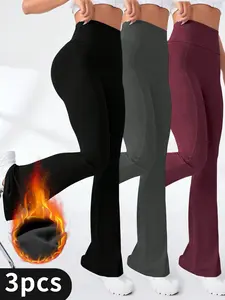 3PCS 3-Pack High Waist Fleece-Lined Flare Leg Pants for Women, Solid Color, Long Length, Skinny Fit, Side Pockets, High Stretch, Knit Fabric, Fall/Winter Sports Yoga Bell Bottoms, Quick Dry, These High-Waisted Pants Provide Tummy Control