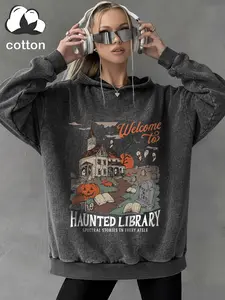 The Haunted Library women's cotton washed distressed sweatshirt street fashion trend plus velvet hoodie, drawstring warm lining hooded sweatshirt, Halloween homecoming principal sleeve pullover autumn clothing