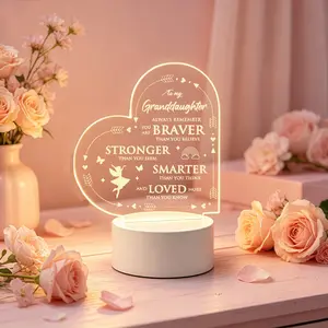 Heart Shaped Engraved Acrylic LED Night Light To My Granddaughter, Inspirational Brave Strong Smart Quote Desk Lamp, Grandparent Sentimental Birthday Holiday Keepsake Gift For Granddaughter Bedroom Home Decor Lamp