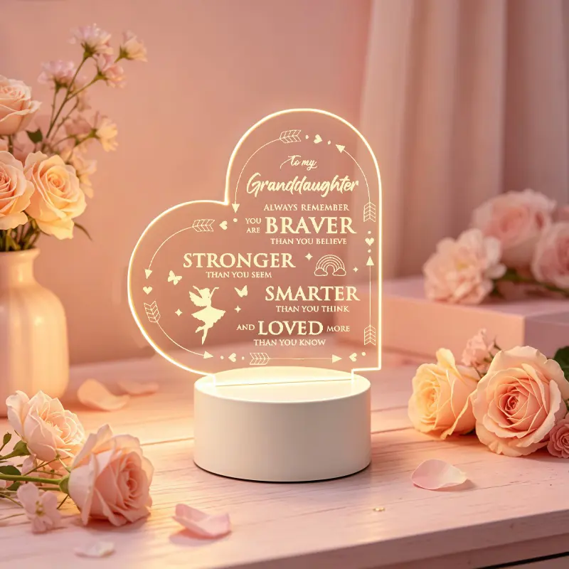 Heart Shaped Acrylic Body LED Night Light Table Lamp - Bravery Themed Engraved Inspirational Quote, Heartfelt Birthday Gift Ideas for Granddaughter, Bedroom Home Decor Keepsake, Table Lamps, Engraved Quote