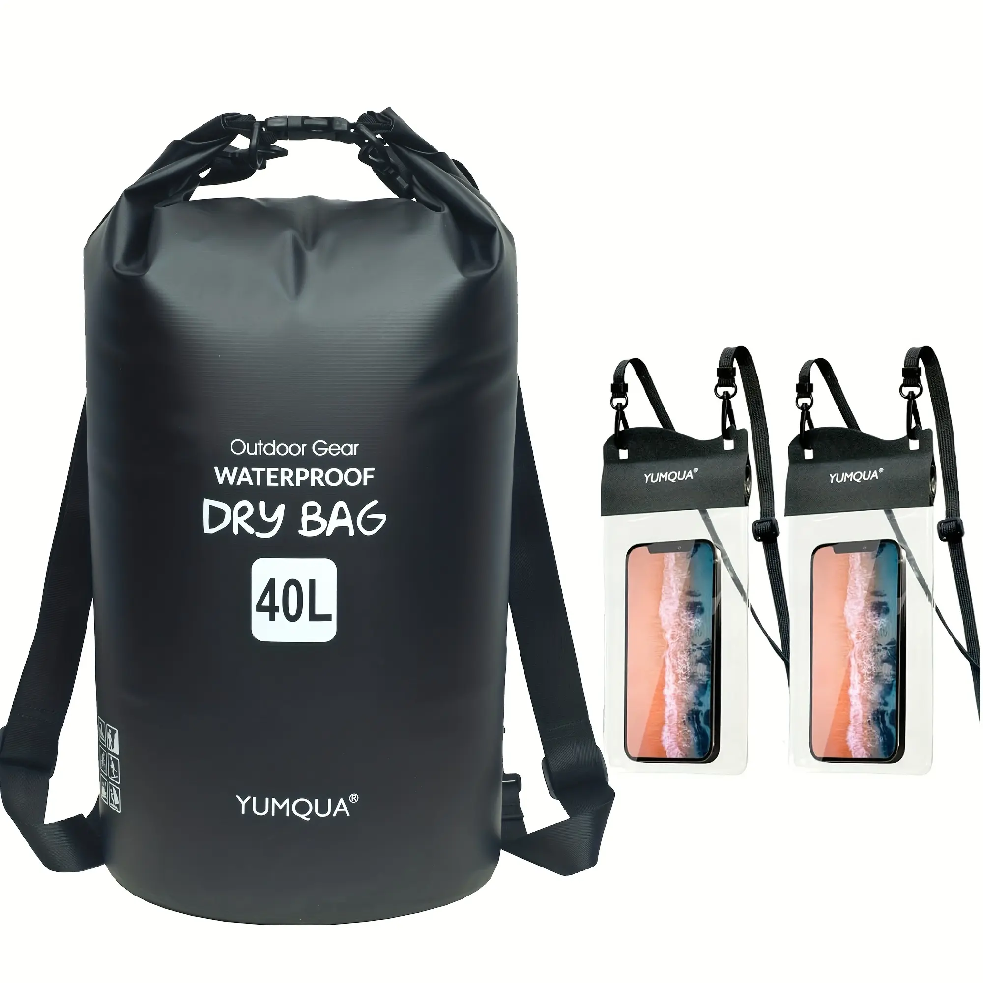 2024 40L black waterproof dry bag set with 2 large waterproof phone bags