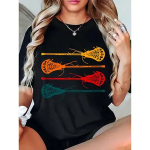 Women's Black T - Shirt with Colorful Lacrosse Sticks Graphic, Casual Sporty Tee for Lacrosse Enthusiasts, Ideal for Game Days, Workouts, or Daily Wear 100% Cotton T-shirt
