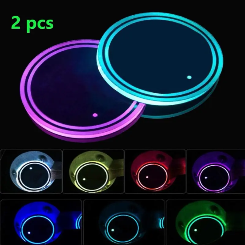 Light Up Rechargeable Car Coasters - 2 Pcs - Gifts for Him and Her - Car Accessories - Christmas Gifts - Multicolor LED Coasters