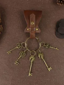 Medieval Skeleton Key Set with Leather Belt Hanger – 5 Antique Bronze Keys, LARP & Renaissance Festival Accessory, Ornate Design Keys with Leather Belt Clip, Keychain Included, Ideal for Cosplay, Steampunk & Medieval Costumes