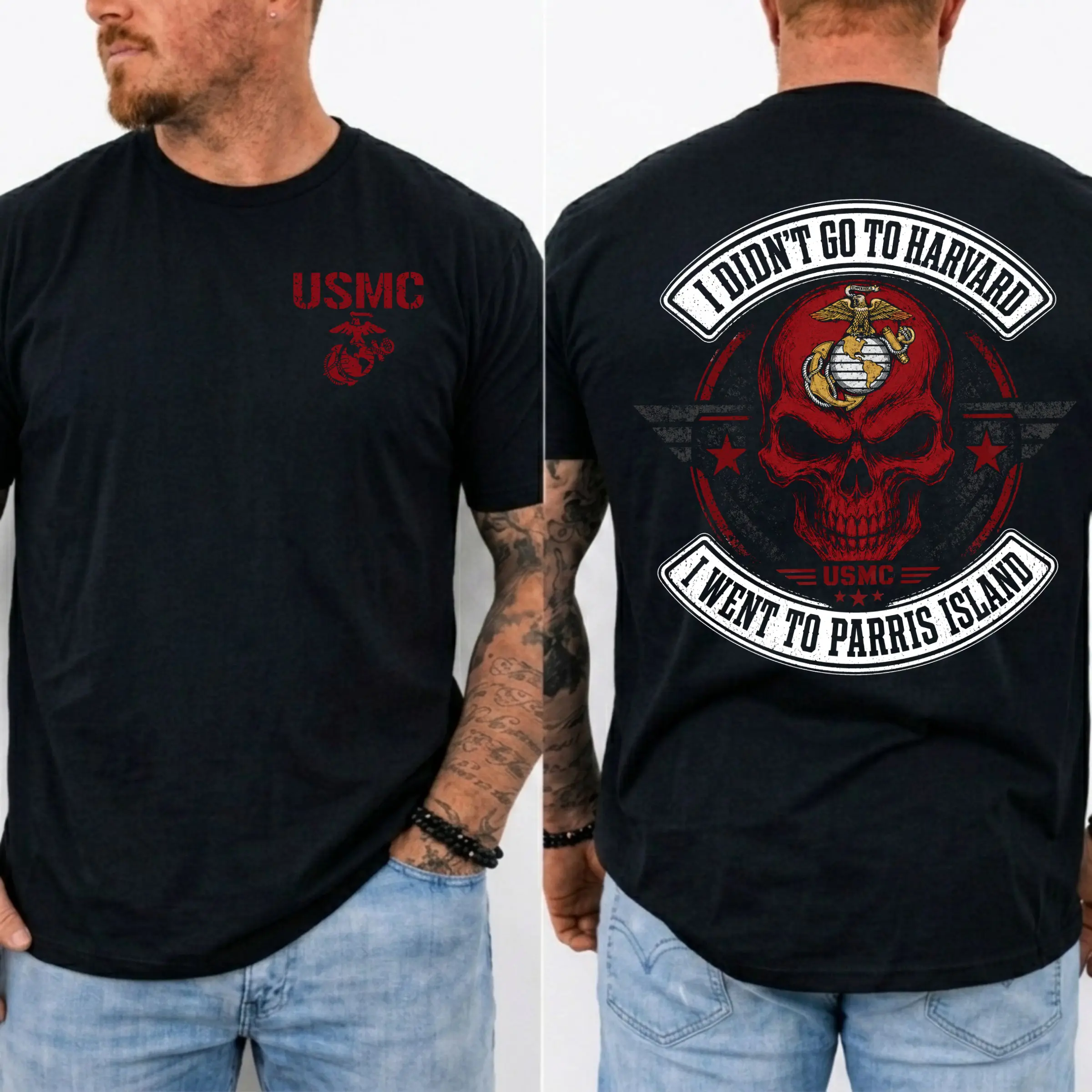 USMC Parris Island shirt, I Didn't Go to Harvard Marine Corps Graphic Tee, Vintage Skull Military T-Shirt, Marine Veteran Gift