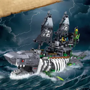 Ghost Shark Boat Building Set 1155pcs, Creative Building Blocks, Collectible Shark Block Toy, Home Decor Gift for Kids & Adults, Perfect Birthday & Halloween Present