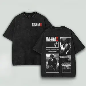 Arthur Morgan Red Dead Redemption 2 Double Sided Graphic Printed T‑Shirt Acid Snow Wash Oversized Heavyweight Cotton Short Sleeve Top Gothic Hip Hop Streetwear Trendy Casual Daily Gaming Wear Unisex Fashion Accessories Tee For Men Women Gamer Fan Gift
