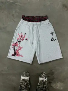 Y2K Retro Streetwear, Plaid Patchwork Waist Graphic Sweatshorts | Vintage Double-Waistband Drawstring High-Waist Hip-Hop Fitted Shorts, Unisex Straight Leg, Knee-Length, Casual Weekend Wear