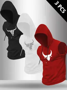 3 Pack Men's Bull Graphic Sleeveless Hooded Tank Tops, Stretch Gym Workout Muscle Hoodies, Athletic Fitness Tops (Black/White/Red