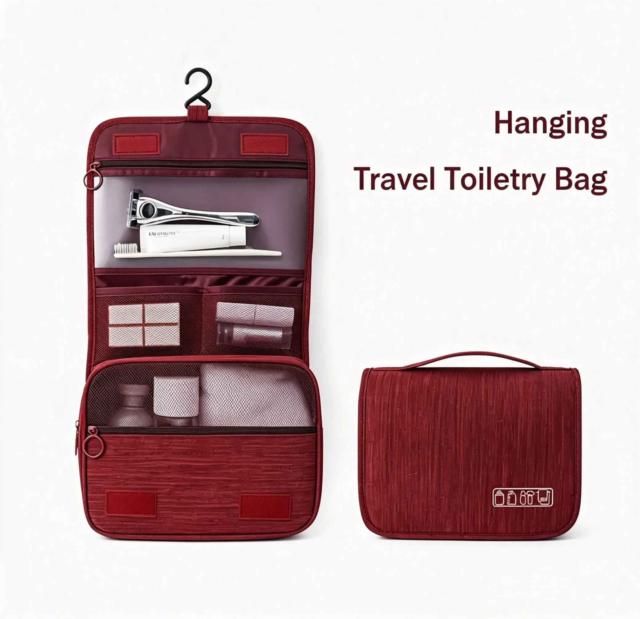 Polyester Plain Unisex Waterproof Hanging Travel Toiletry Bag - Compact Bathroom Shower Makeup Organizer with Triple Zipper, Mesh Pockets, Multi-Layer Compartments, Carry Handle, Sturdy Hook, Foldable Design for Gym Workouts, Travel Use, Large Capacity