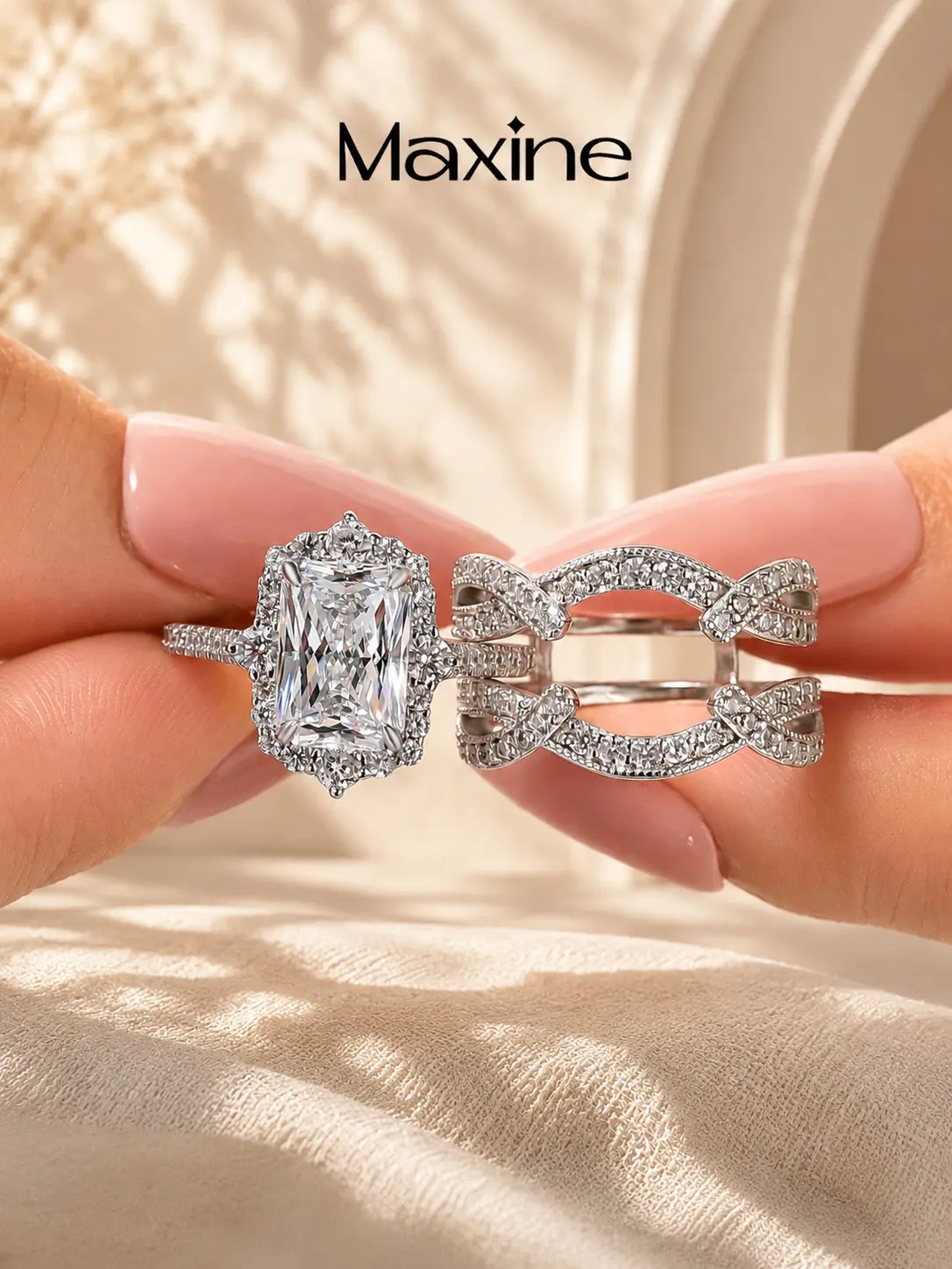 Maxine Vintage 3.0ct Radiant Cut Insert Wedding Ring Set,Halo Engagement Ring Matching Nesting Stackable Wedding Band Set