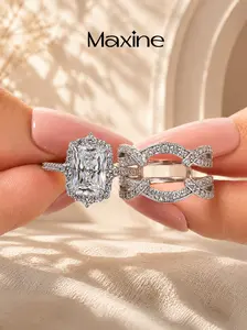 Maxine Vintage 3.0ct Radiant Cut Insert Wedding Ring Set,Halo Engagement Ring Matching Nesting Stackable Wedding Band Set