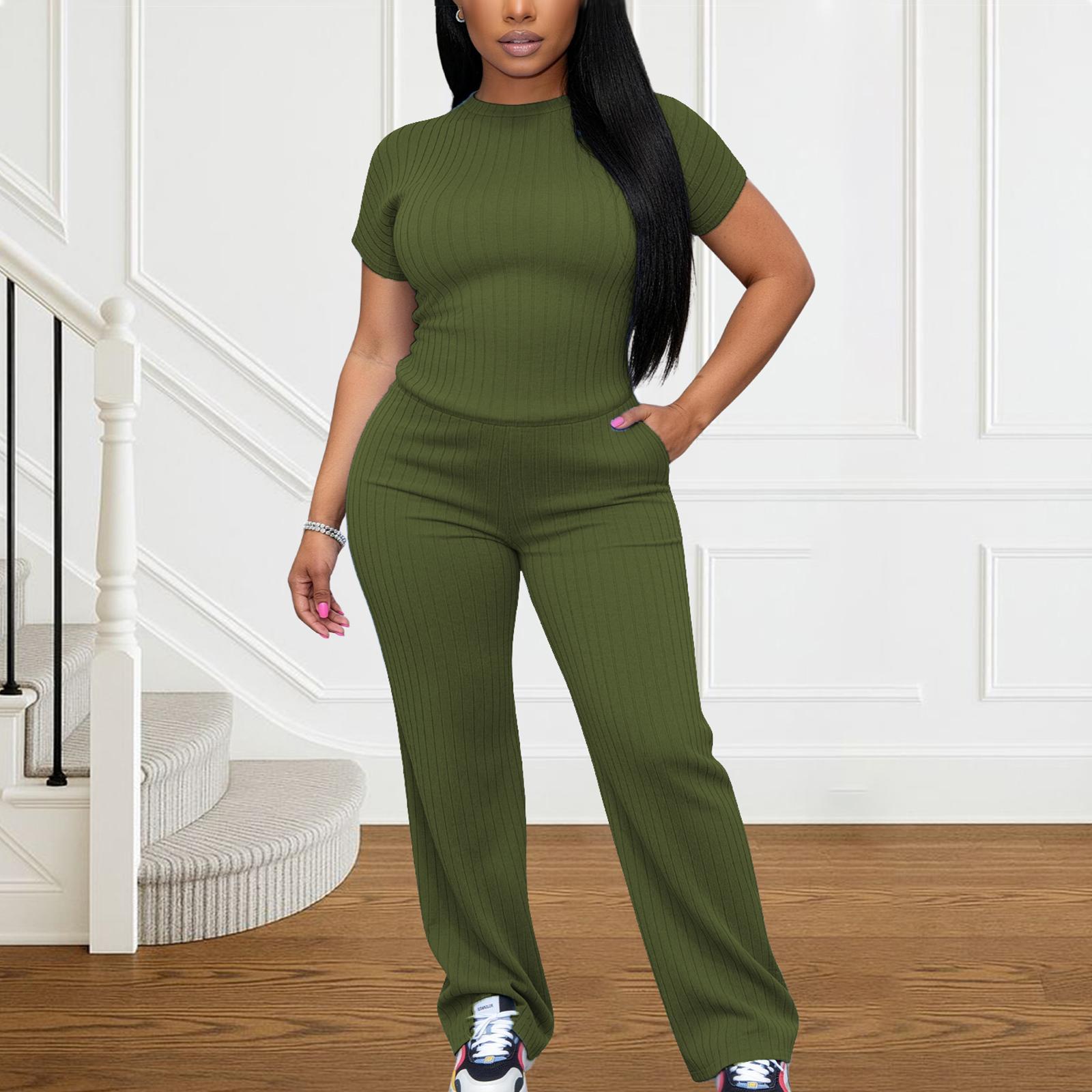 Women's All-Season Ribbed Knit Set - Thin Lightweight Fabric, Crew Neck Short Sleeve Tee & Wide Leg Pants with Pockets, Comfy for Loungewear, WFH & Weekend Casual