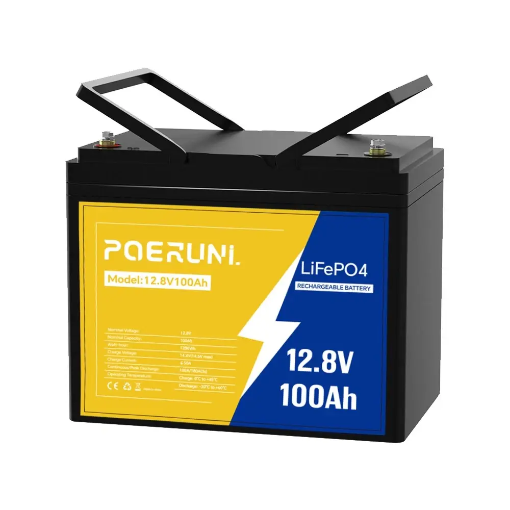POERUNI 12V 100Ah LiFePO4 Deep Cycle Battery with BMS, High Capacity Battery for Marine, Off Grid Supplies, Camper Electrical Power Needs