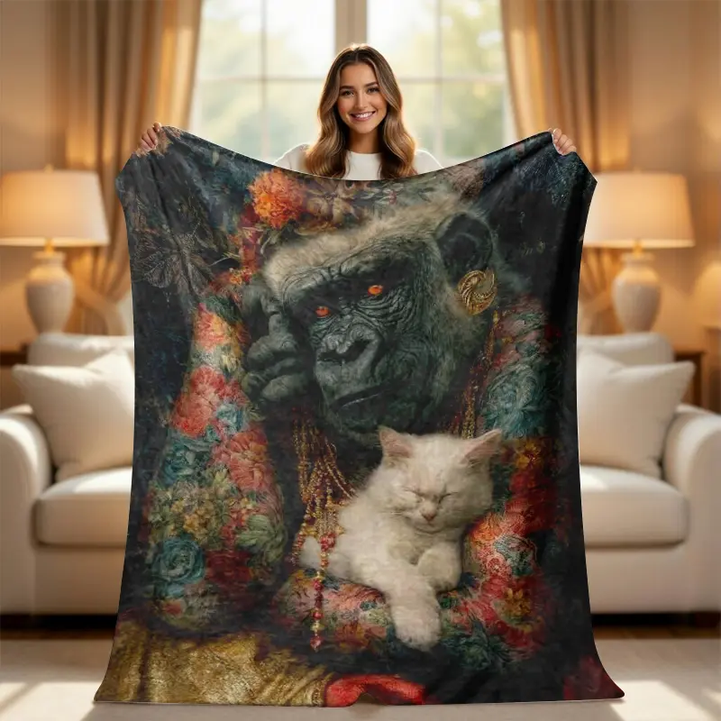 Boho Tattoo Gorilla & Cat Fantasy Fleece Throw Blanket - Durable, Boho Textured, Artistic Floral, Eclectic Aesthetic, Maximalist Home Decor, Perfect Gift for Animal Lovers, Graphic & Character Art Blankets
