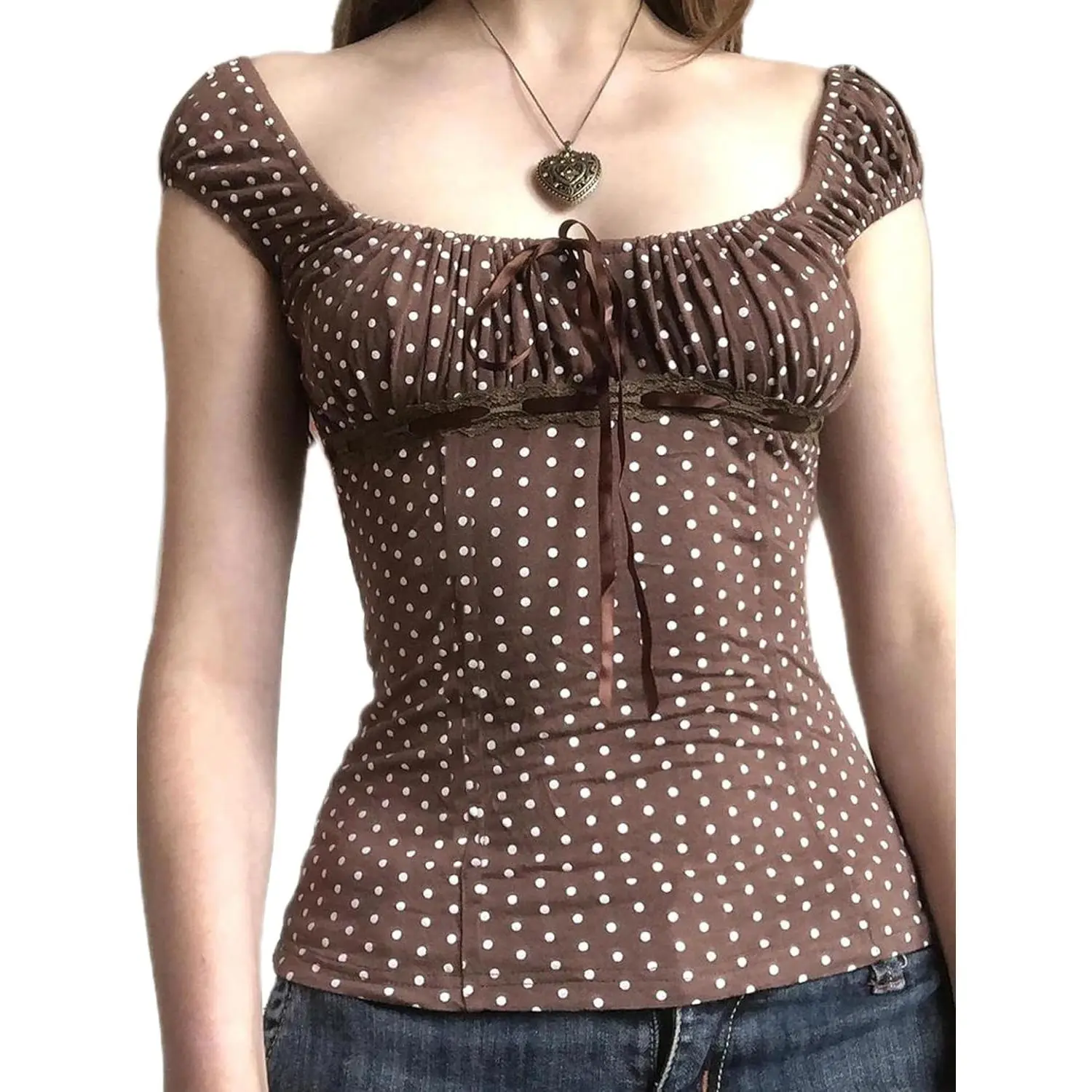 Women Y2k Fairy Grunge Shirts Cap Sleeve Lace Trim Vintage Aesthetic Babydoll Tee Low Cut Preppy Coquette Clothes Long Deep Neck Tie Top women's summer tank cold shoulder