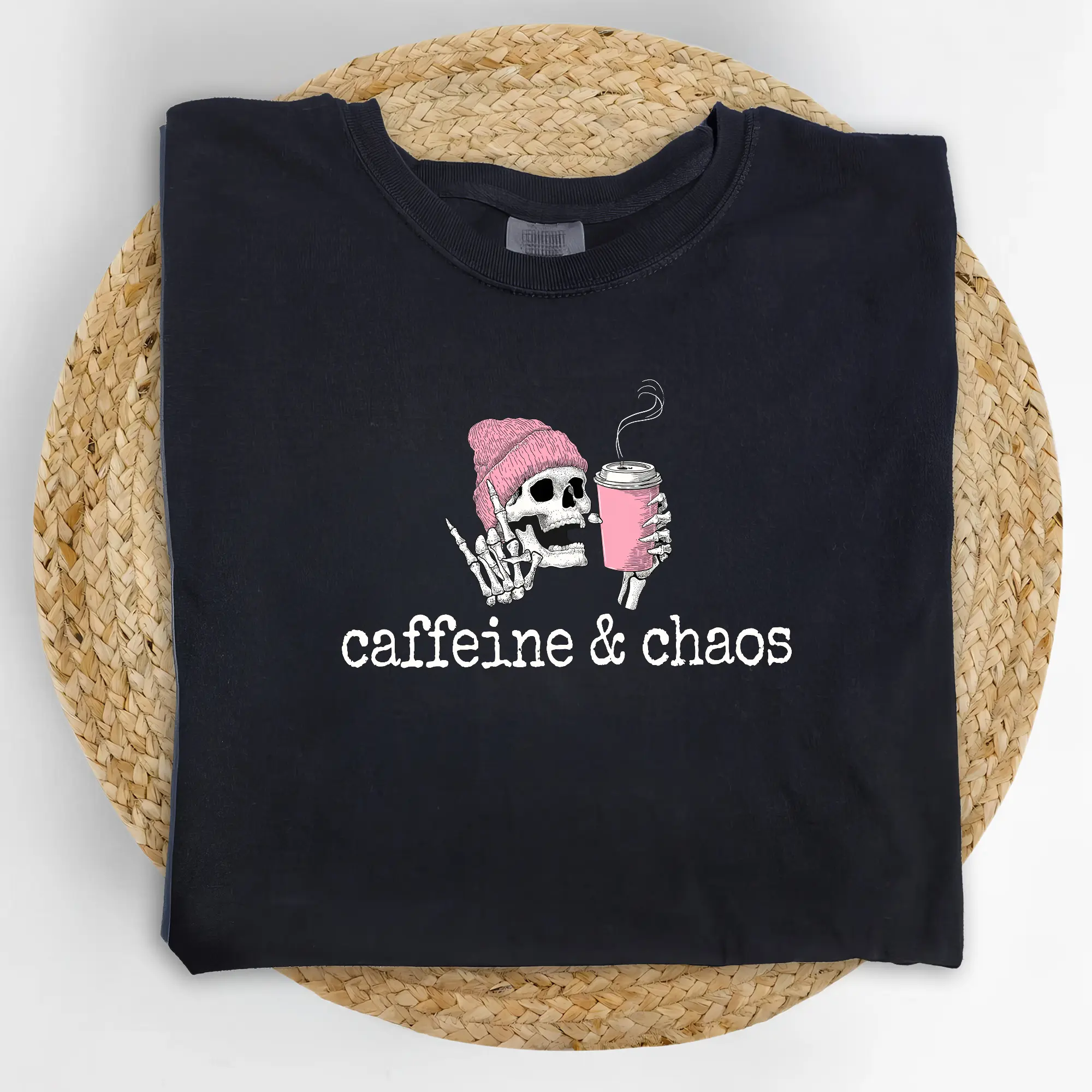 MAPTEES Caffeine And Chaos Shirt, Coffee Lover Skeleton Graphic Tee, Dark Humor Coffee T-shirt, Skeleton Drinking Coffee Outfits