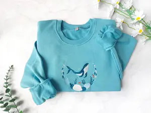 Blue Ocean Whale Embroidered Sweatshirt Whale Embroidery Crewneck Nature Lover Gift