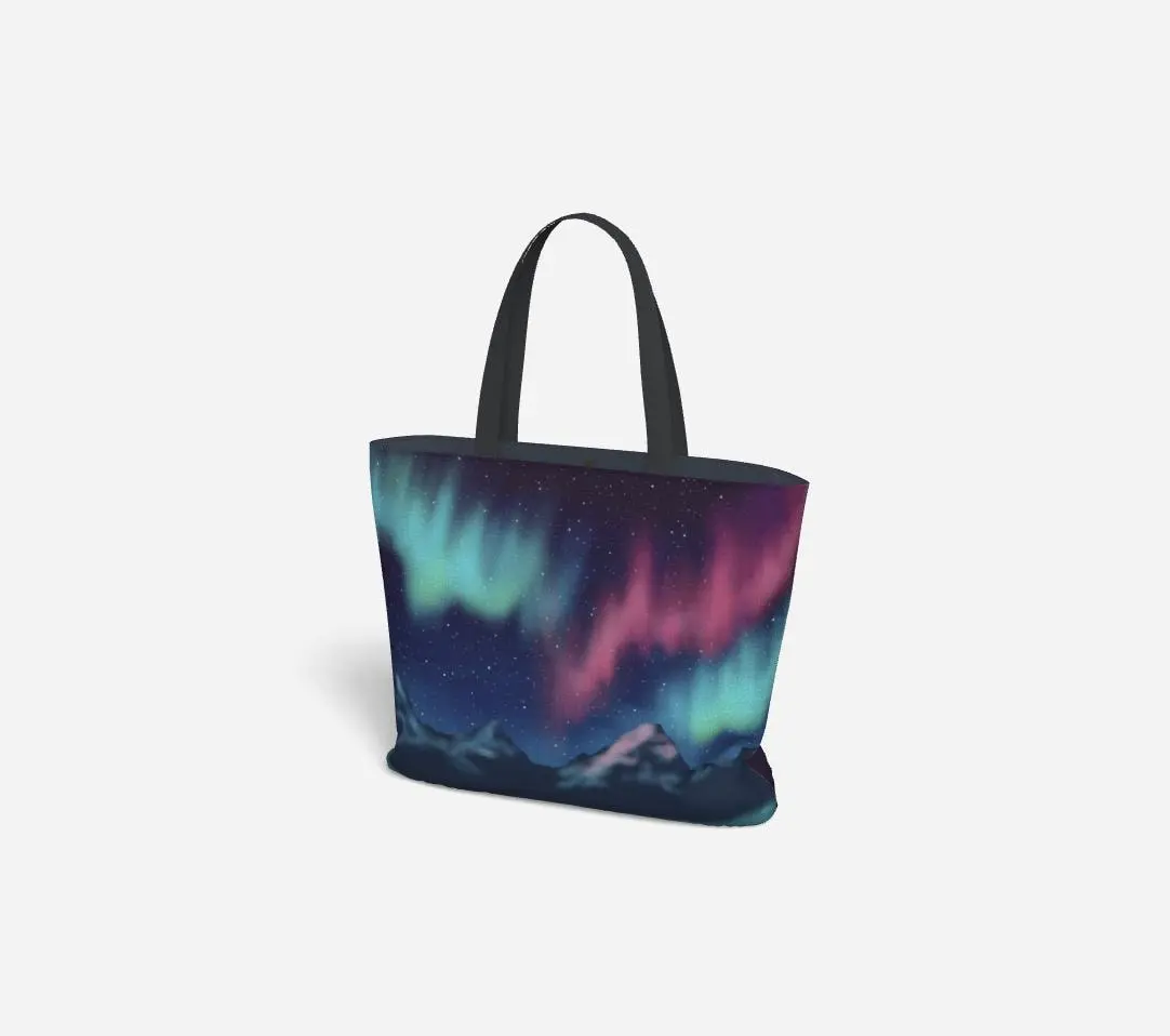 Northern Lights Mountain Range Oversized Market Tote | Aurora Borealis Art | Magnetic Closure Tote Bag