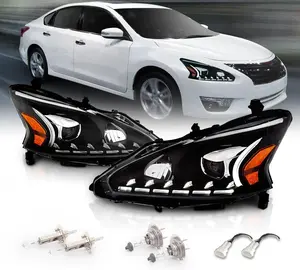 AmeriLite Projector Halogen Headlights LED Bar Style Set For 2013-2015 Nissan Altima 4 Door Sedan - Passenger and Driver Side, Vehicle Light Assembly, Black Housing