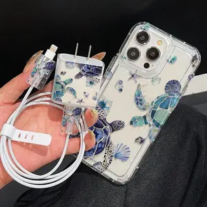 5-Piece Ocean World Airbag Protective Case Cover Set for iPhone Models, Includes Charger Case, Data Cable Cases, Silicone Cable Tie