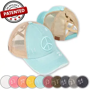 C.C Criss-Cross Distressed Peace Sign Pony Cap for Women