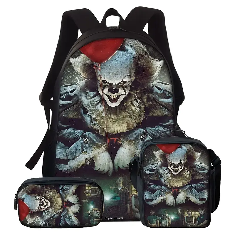 Durable Water Resistant 3-Piece Backpack Set for Horror Movie Fans, Lightweight School Bag with Lunch Box, Dark Vintage Pennywise It Clown Red Balloon Horror Print, Includes Large Rucksack, Thermal Lunch Tote & Stationery Pouch