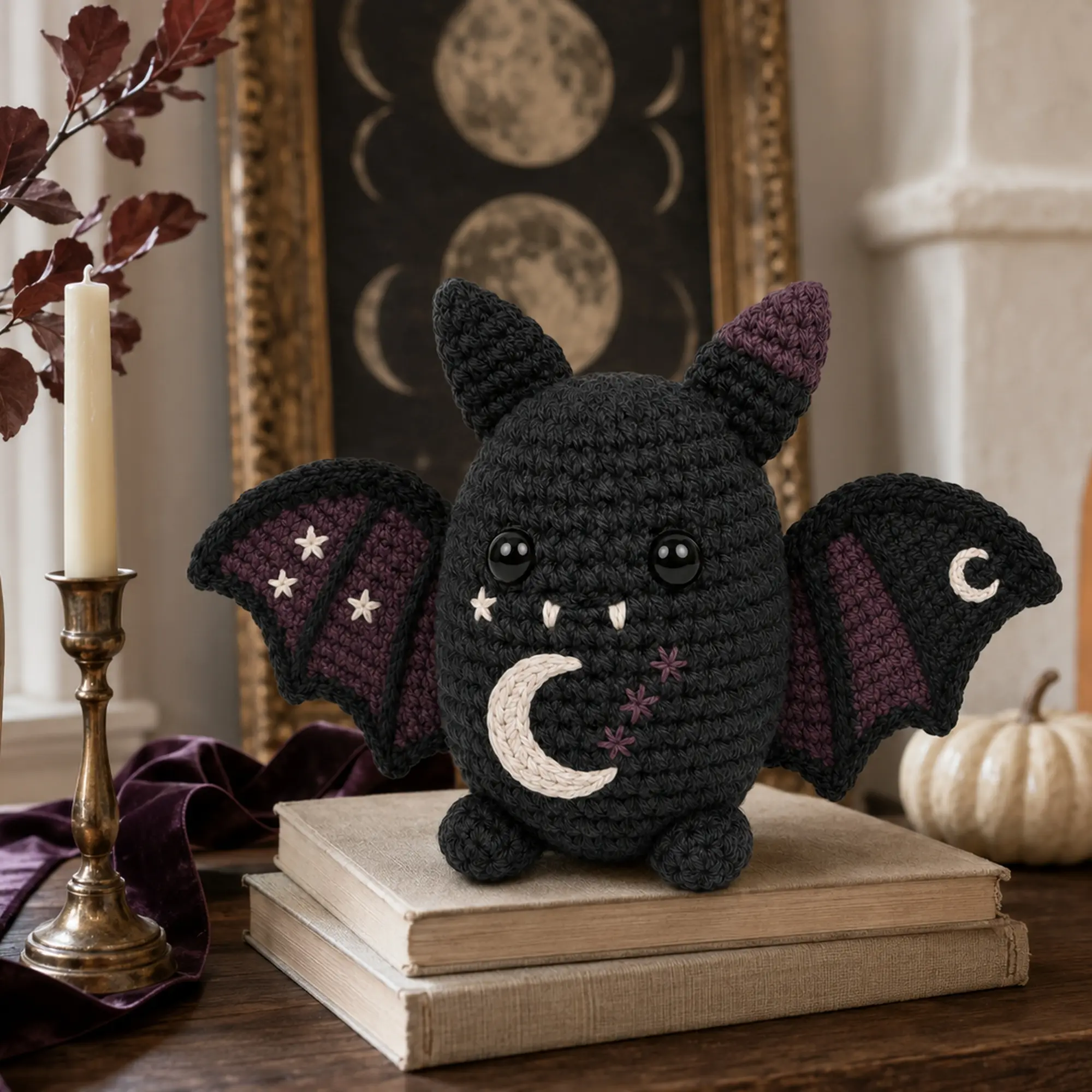Handmade Crochet Bat Plush, Halloween Decor, Gothic Room Decoration, Cute Amigurumi Bat, Spooky Gift, Soft Cotton Yarn, Home Shelf Display