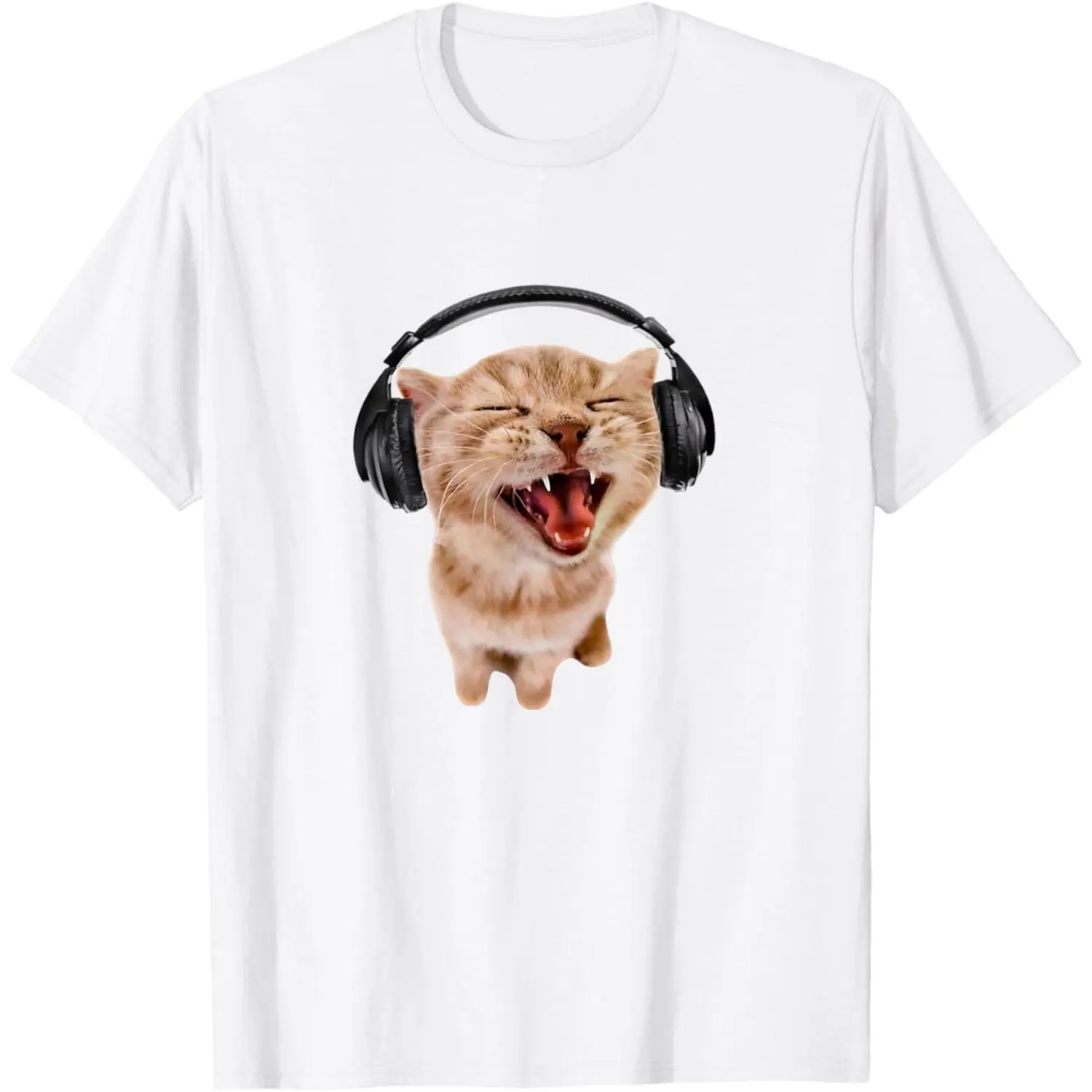 Women's Short-Sleeve Round Neck Cotton T-Shirt - Silly Cat With Headphones Graphic, Breathable Fabric, Flattering Fit, Stylish Summer Casual Single-Piece Top, Shortsleeve, Women's Clothes, Style, Funny