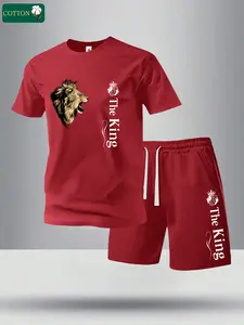 Men’s summer regular-fit cotton short-sleeve T-shirt and shorts set featuring a lion head graphic and “King” letter print. Fashionable casual menswear two-piece set with pockets—sports elastic-waist drawstring pants suitable for soccer, running, golf, fis