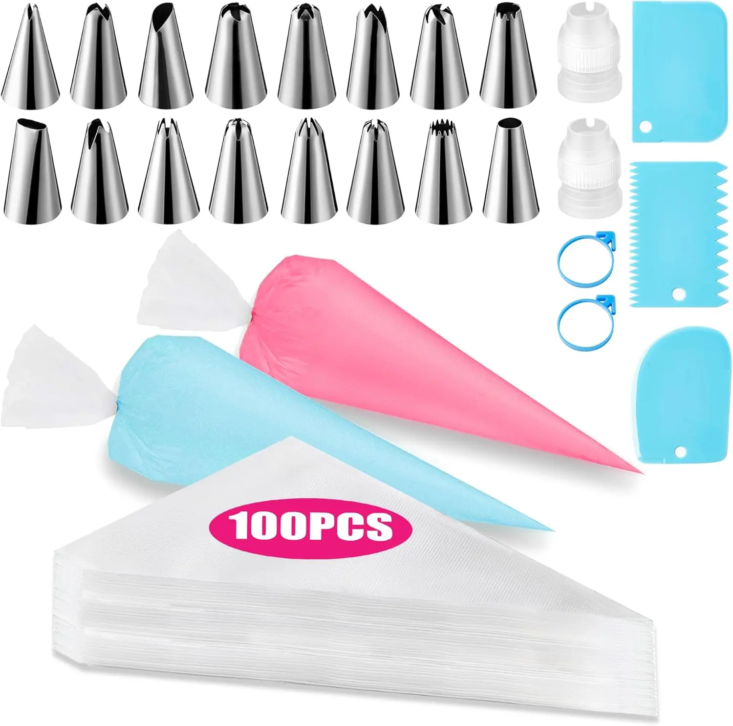 BPA-Free Non-Slip Durable Icing Piping Set - Disposable Plastic & Stainless Steel Bakeware Tool Kit, 100 pcs 12 in Antiburst Piping Bags, 16 Floral Cake Decorating Nozzles, 3 Scrapers, 2 Couplers, 2 Bag Ties for Celebrations