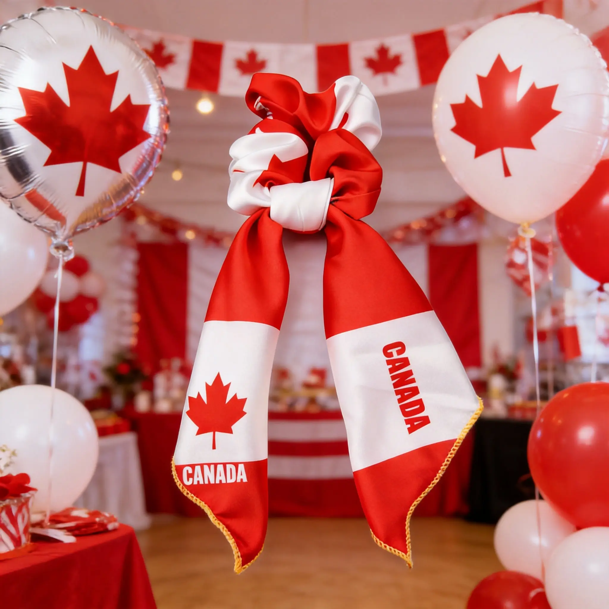 Canada Soccer Hair Accessories for Girls & Women - Cute Red & White Maple Leaf Flag 4-Piece Satin Set with Headband, Scrunchie, Hair Clips & Bandana Scarf, Soft & Gentle on Hair for Game Day, Soccer Parties & Canada Day Celebrations