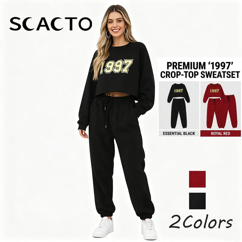 Scacto Women's '1997' Print Long Sleeve Crop Hoodie & Sweatpants 2-Piece Tracksuit Set Retro aesthetic athleisure