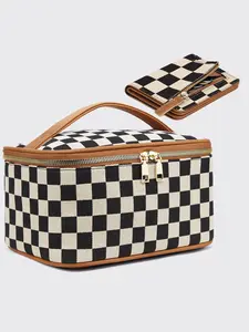 2Pcs Set Checkered Travel Makeup Bag Set, Large Capacity Cosmetic Bags, Portable Toiletry Organizer, Makeup Storage Bag