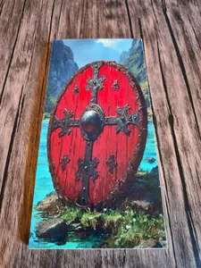 Guardians of the Fjord: Red Viking Shield Wooden Wall Art – Norse Runestones Inspired Décor