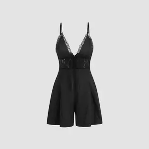 Women's Satin V-neck Lace Trim Knotted Romper, Sizes 2-10